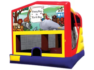 Earth Day themed bounce house with slide and basketball hoop