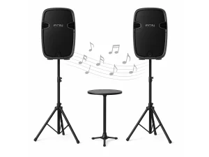 Powered event speakers on tripods for parties