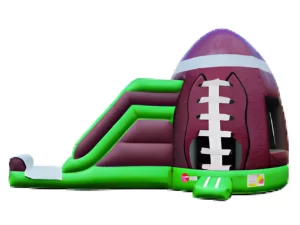 Football themed bounce house with exterior slide and basketball hoop
