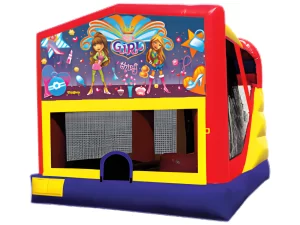 Girl themed bounce house with slide and basketball hoop