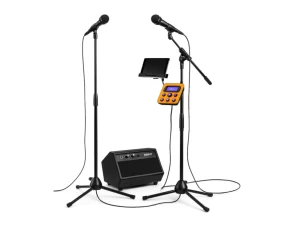 Karaoke machine setup with speakers and microphones