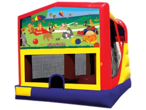 Kitty and puppy themed bounce and slide combo inflatable
