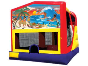 Tropical themed bounce house with slide and basketball hoop