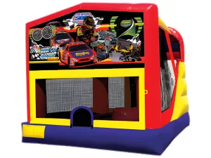 Racing themed bounce house with slide and basketball hoop
