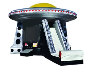 Spaceship themed bounce house with exterior slide