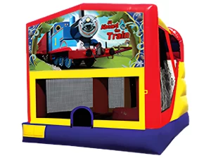 Train bounce house with slide and basketball hoop